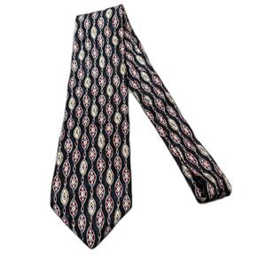 Gino Pompeii 100% Silk Necktie Geometric Diamond Pattern Black‎ Red Gold 90s Tie